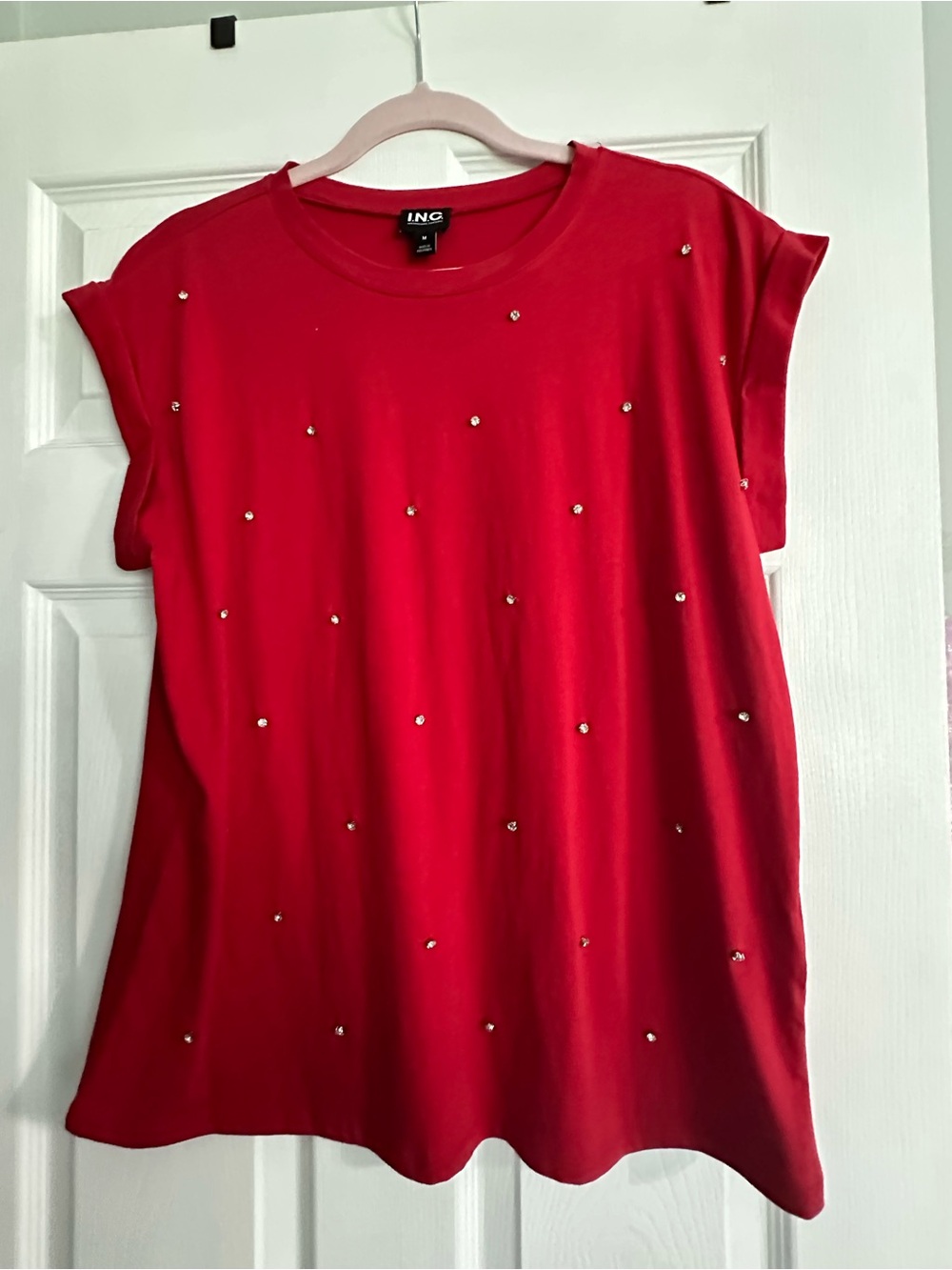 INC International Concepts Red Short Sleeve Tee with Stud Accents